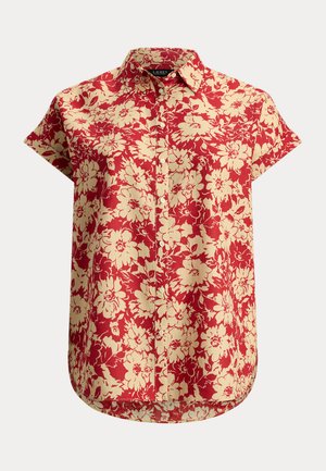 Πουκάμισο με κουμπιά και κοντά μανίκια, με κρεμ και κόκκινο ανθικό σχέδιο και κλασικό γιακά, κατασκευασμένο από ελαφρύ ύφασμα.