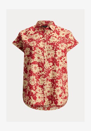 Πουκάμισο με κουμπιά και κοντά μανίκια, με κρεμ και κόκκινο ανθικό σχέδιο και κλασικό γιακά, κατασκευασμένο από ελαφρύ ύφασμα.