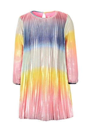 Robe plissée à manches longues, présentant un dégradé de teintes rose, jaune, bleu et argent. Tissu doux avec une fermeture en ouverture à la clé au dos.