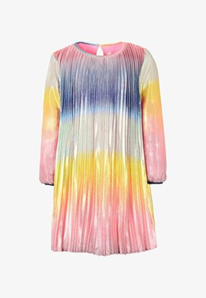 Plissé jurk met lange mouwen, met een verloop van roze, geel, blauw en zilveren tinten. Zachte stof met een sleutelgat sluiting aan de achterzijde.