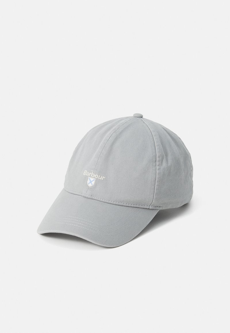 Light grey Barbour baseball cap with embroidered logo and shield on front, displayed against white background.