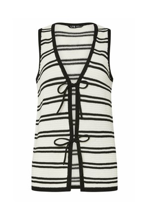 Stribet ærmeløs cardigan i sort og hvid strikstof, har en V-hals, åben front og to frontbånd i taljen.