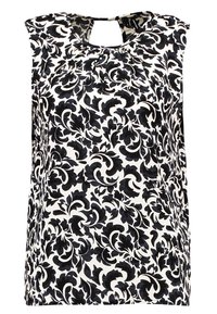Zwart-wit bloemenpatroon zonder mouwen top met een keyhole uitsnijding aan de achterkant. Gemaakt van lichtgewicht stof met een zachte textuur.