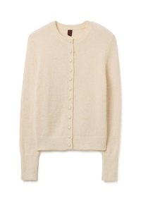 Cardigan crema realizzato in morbido tessuto testurizzato con scollo rotondo, chiusura frontale a bottoni e polsini e orlo a costine.