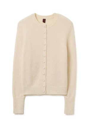 Crème cardigan gemaakt van zachte, gestructureerde stof met een ronde halslijn, knoopsluiting aan de voorkant en geribbelde manchetten en zoom.