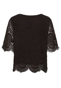 Top en dentelle noir à manches courtes avec des motifs au crochet circulaires et festonnés ainsi qu'un ourlet festonné.