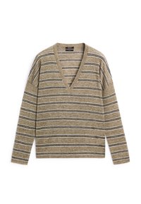 Pull beige à rayures avec col en V, manches longues, et rayures contrastantes noires et blanches. Texture en maille douce, design décontracté.