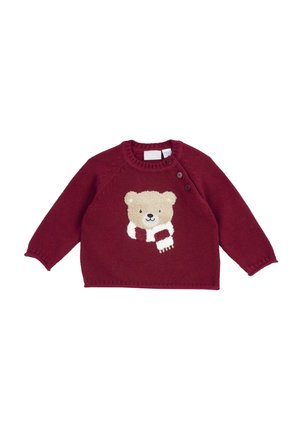 Maglione bordeaux per bambino con un orsacchiotto con sciarpa ricamato sul davanti e tre bottoni sulla spalla.