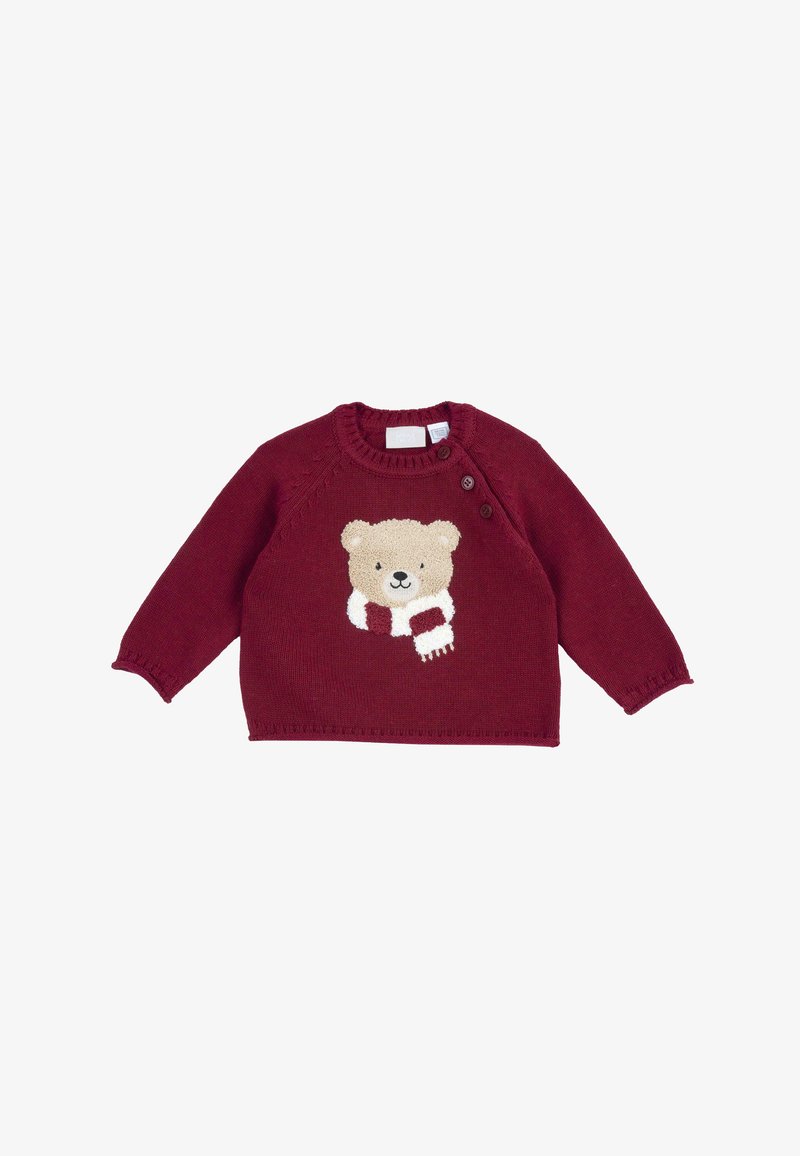Pull bordeaux pour tout-petit avec un ours en peluche portant une écharpe brodée sur le devant et trois boutons sur l'épaule.
