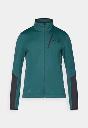 Teal fleece jacket with a high collar, full front zipper, black accent panels on sleeves, and a small chest pocket. Logo printed on chest.