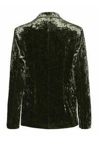 Blazer vert foncé en velours froissé à manches longues vu de dos, avec un col et des détails de coutures ajustées.
