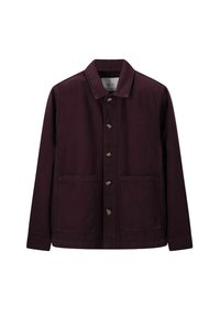 Bordeauxjas van katoen met een kraag, lange mouwen, vijf knopen en twee voortassen. Gladde textuur en klassieke pasvorm.