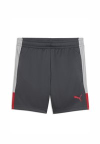 Σκούρα γκρι αθλητικά σορτς με ανοιχτό γκρι πλαϊνές επιφάνειες και κόκκινες λεπτομέρειες, με ελαστική μέση και κόκκινο λογότυπο Puma στο δεξί πόδι.