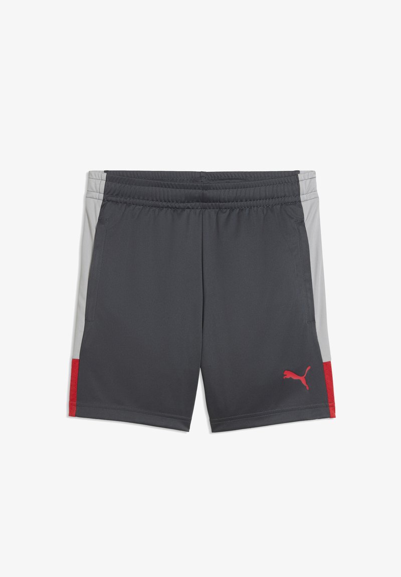 Σκούρα γκρι αθλητικά σορτς με ανοιχτό γκρι πλαϊνές επιφάνειες και κόκκινες λεπτομέρειες, με ελαστική μέση και κόκκινο λογότυπο Puma στο δεξί πόδι.