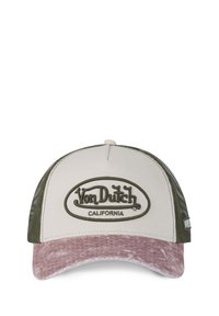 Casquette de camionneur avec un front beige, des côtés en mesh vert et une visière rose texturée. Présente le logo brodé "Von Dutch California" en vert foncé.