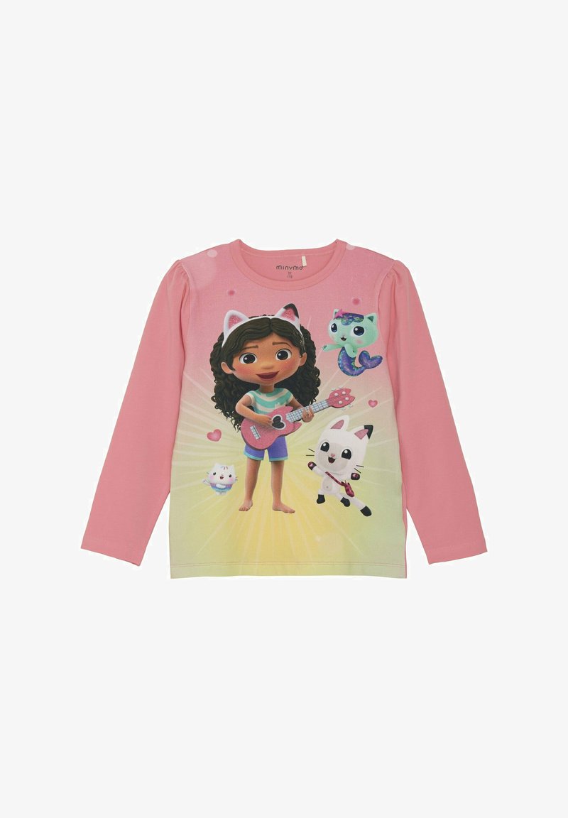 Rosa Langarmshirt mit einem Mädchen mit lockigem Haar, das eine pinke Gitarre spielt, umgeben von Cartoon-Tieren auf einem bunten Hintergrund.