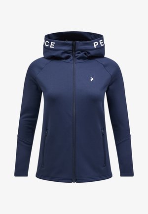 Navy zip-up hoodie with a high collar, featuring a white logo on the hood, front zip pockets, and smooth fabric texture.