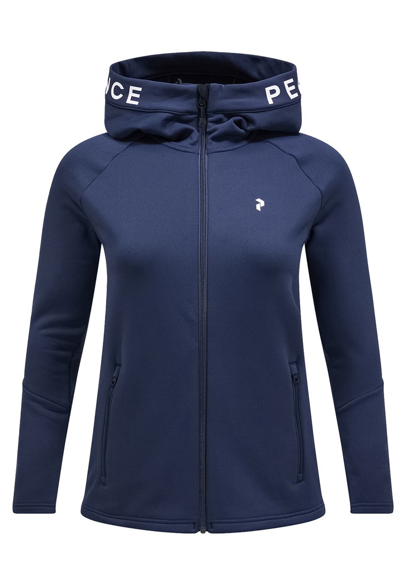 Mørkeblå zip-up hættetrøje med høj krave, der præsenterer et hvidt logo på hætten, frontlapper med lynlås og en glat stofftekstur.