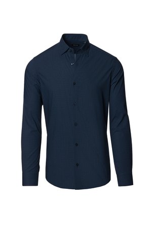 Granatowa koszula z długim rękawem, z małym geometrycznym wzorem, zapinana na guziki z klasycznym kołnierzykiem. Wykonana z gładkiego materiału.