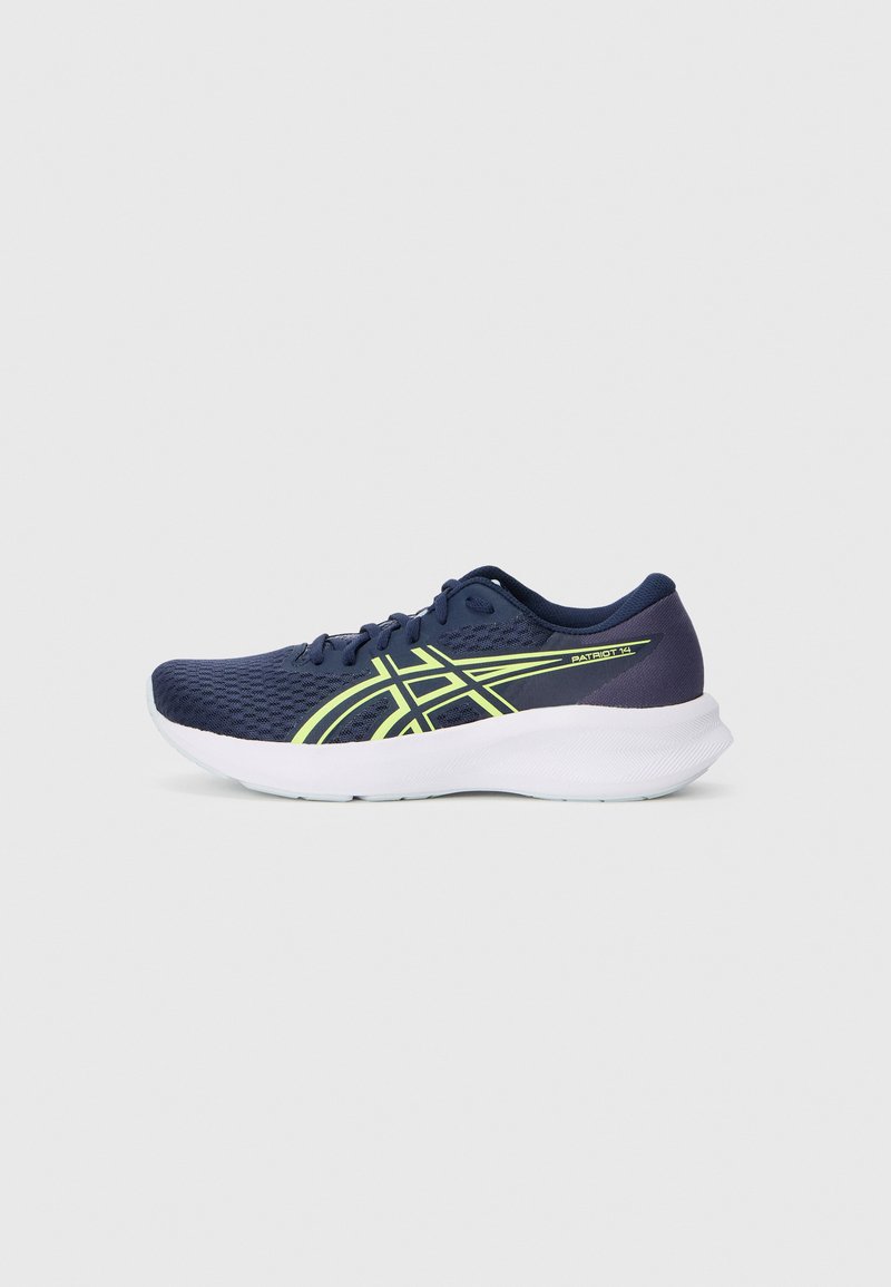 Chaussure de course marine avec un dessus en maille texturée, accents vert lime, semelle intermédiaire blanche rembourrée et un design élégant.