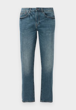 Mittelblaue gerade geschnittene Denim-Jeans mit frontalen Taschen, Knopfverschluss und subtilen Waschungen an den Hüften.