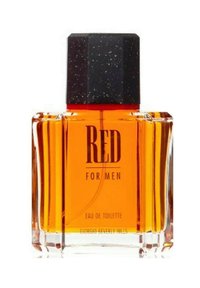 Amberfarvet glasflaske med en tyk, firkantet form; sort, struktureret låg; har "RED FOR MEN" trykt med fede bogstaver.