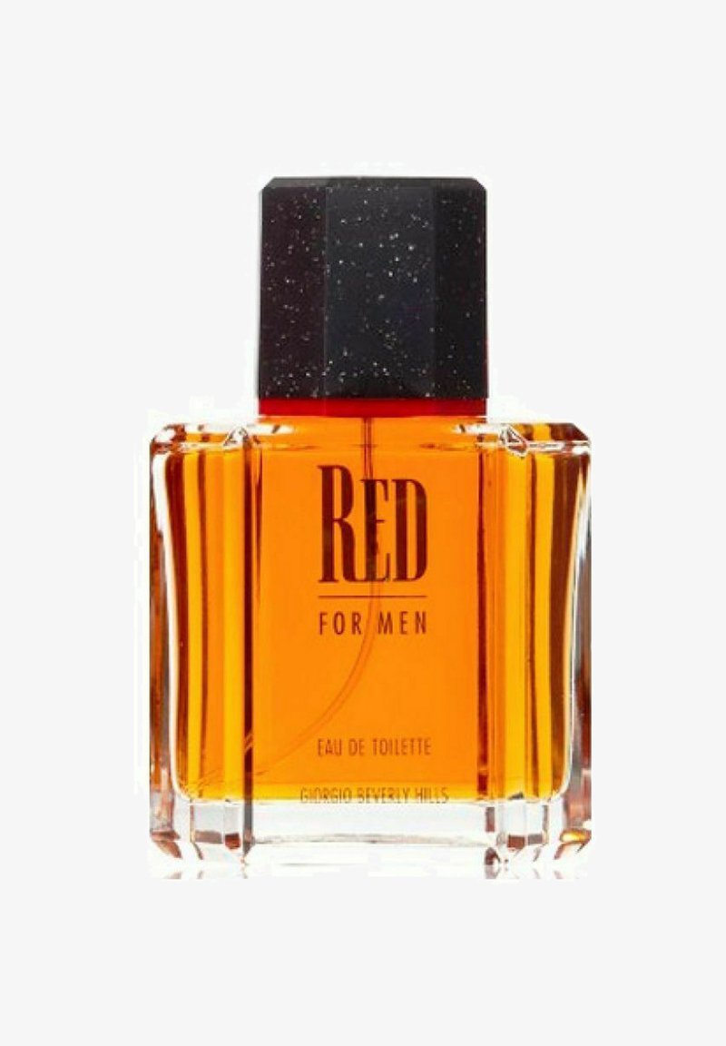 Amberfarvet glasflaske med en tyk, firkantet form; sort, struktureret låg; har "RED FOR MEN" trykt med fede bogstaver.