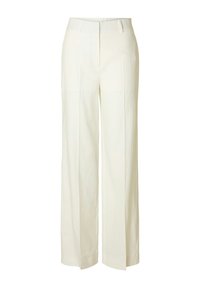 Široké kalhoty vyrobené z lehkého materiálu, v krémové barvě, s plochým předním dílem a dvěma bočními kapsami pro čistý, minimalistický design.