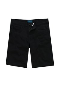 Pantalones cortos negros fabricados en un material de mezcla de algodón, con cremallera y cierre de botón, y dos bolsillos frontales. Diseño simple con líneas limpias.