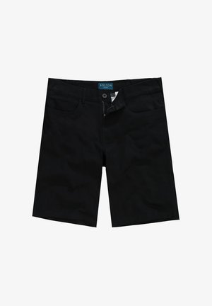 Schwarze Shorts aus einem Baumwoll-Mischmaterial, mit einem Reißverschluss, Knopfverschluss und zwei Vorderaschen. Einfaches Design mit klaren Linien.