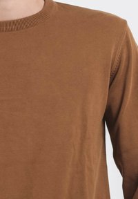 Pull en maille marron avec encolure ronde, featuring des poignets et un ourlet côtelés, mettant en avant une texture lisse et douce.