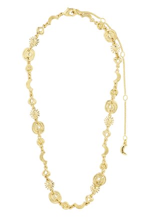 Collier ton or avec pendentifs alternés soleil, croissant de lune, cœur et spirale circulaire, équipé d'un fermoir mousquetaire et d'une chaîne réglable.