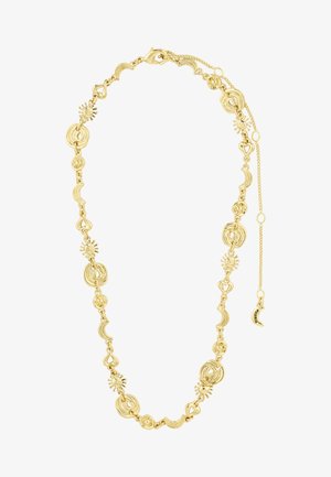 Collar en tono dorado con colgantes alternados de sol, luna creciente, corazón y espiral circular, con cierre de langosta y cadena ajustable.