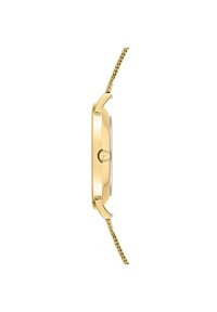 Goldfarbene Armbanduhr mit einem glatten runden Gehäuse, strukturiertem Lünette und einem geflochtenen Mesh-Armband. Schlichtes Design mit einer minimalistischen Krone.