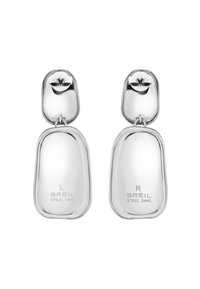 Boucles d'oreilles en métal argenté avec un design lisse et arrondi, comprenant un clou circulaire en haut et une forme rectangulaire allongée suspendue.