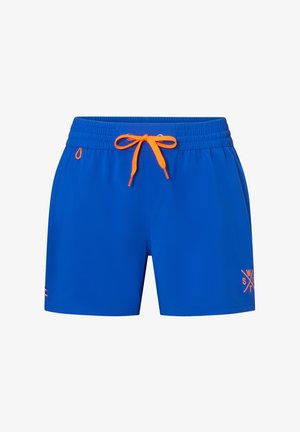 Shorts de bain bleus avec un cordon de serrage orange et un petit logo orange sur la partie inférieure droite de la jambe, taille élastique et boucle de poche latérale.