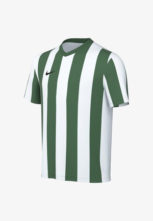 Koszulka sportowa z krótkim rękawem w pionowe zielono-białe paski, zielony kołnierz oraz logo Nike na prawej piersi.