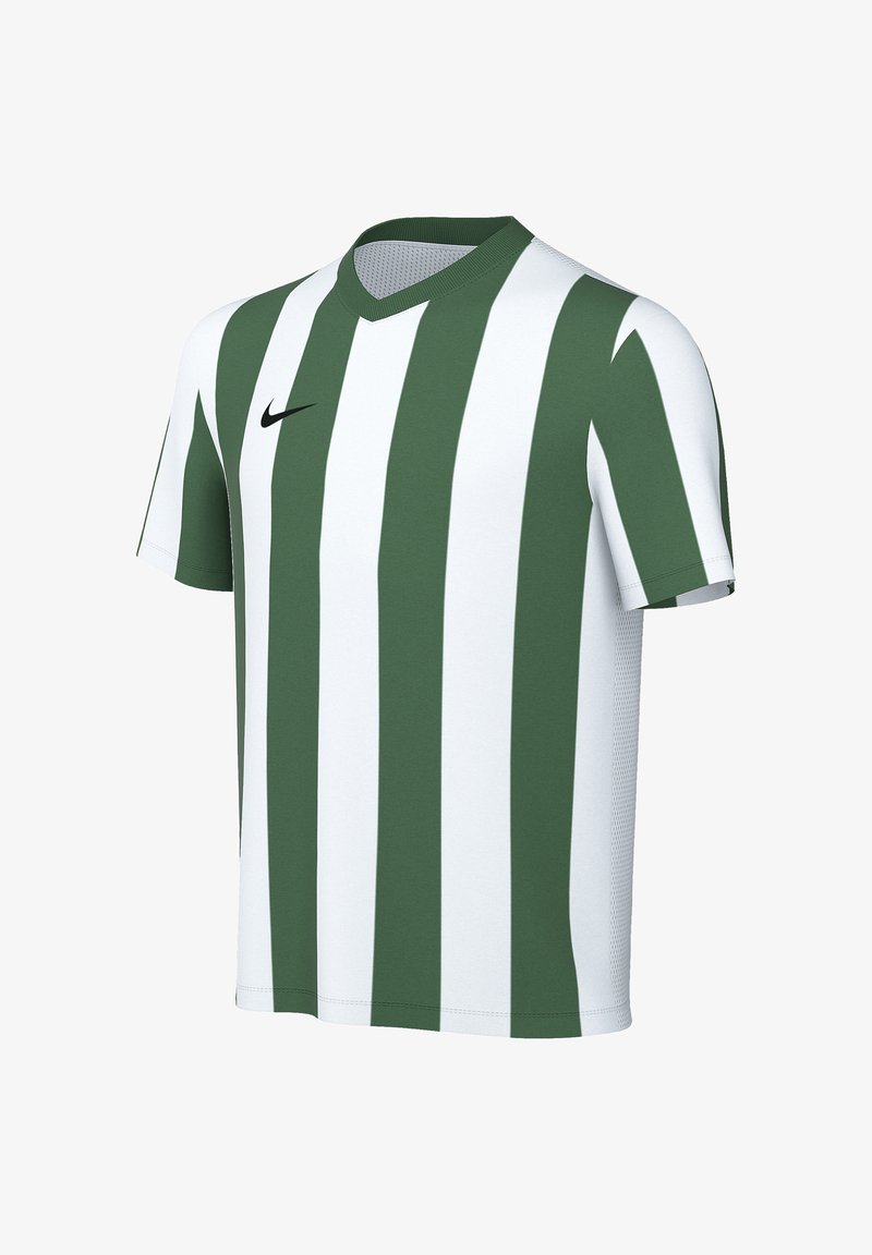 Kurzärmeliges Sporttrikot mit vertikalen grünen und weißen Streifen, grünem Kragen und Nike-Logo auf der rechten Brust.
