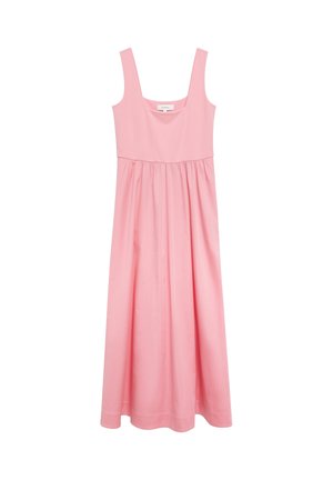 Różowa sukienka maxi bez rękawów z szerokimi ramiączkami i marszczoną talią, wykonana z gładkiej tkaniny i z kwadratowym dekoltem.