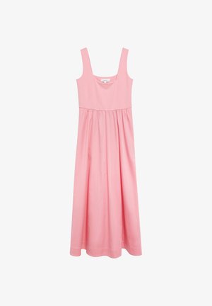 Różowa sukienka maxi bez rękawów z szerokimi ramiączkami i marszczoną talią, wykonana z gładkiej tkaniny i z kwadratowym dekoltem.