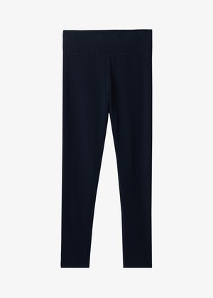 Schwarze, hoch taillierte, lange Leggings mit breitem Bund, gefertigt aus glattem, elastischem Stoff.