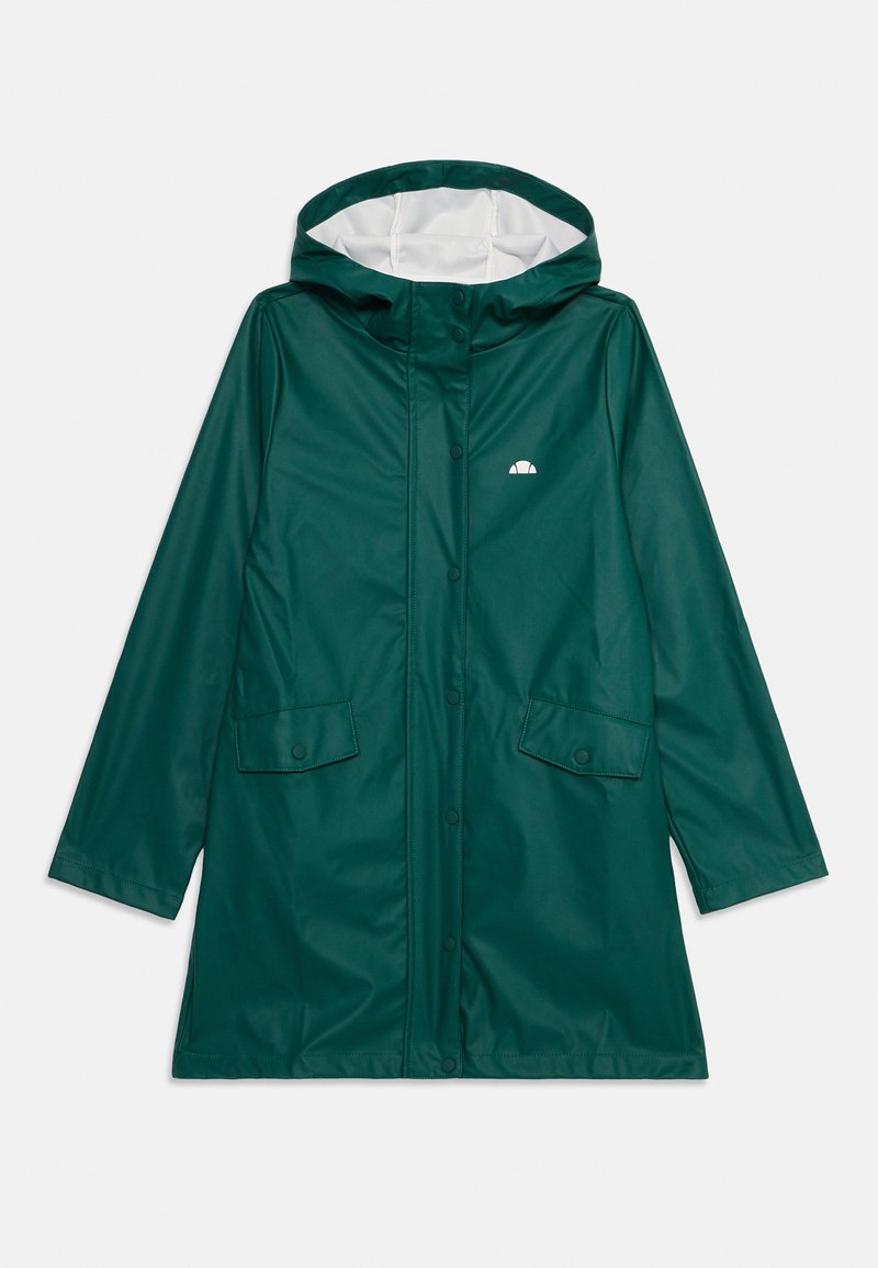 Mørkegrønn hettejakke med hvit fôr, front knappelukking, to klafflommer og en liten hvit logo på brystet.