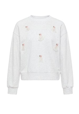Lysegrå sweatshirt med små broderede hvide bjørneansigter iført lyserøde blomsterkroner spredt over forsiden. Ingen synlig person, der har den på.