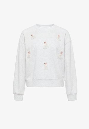 Lysegrå sweatshirt med små broderede hvide bjørneansigter iført lyserøde blomsterkroner spredt over forsiden. Ingen synlig person, der har den på.
