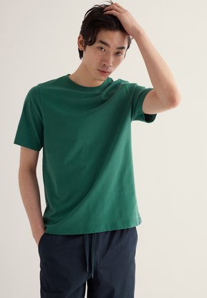 Mladý muž v zelenej krátkoročnej košeli a tmavých nohaviciach, ktorý si jednou rukou prechádza vlasmi na jednoduchom svetlom pozadí.