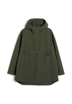 Dark green hooded rain jacket with long sleeves, front flap pocket, snap-button closure on cuffs and partial snap placket on front.
