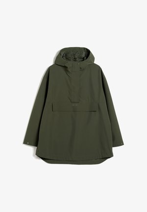 Dark green hooded rain jacket with long sleeves, front flap pocket, snap-button closure on cuffs and partial snap placket on front.