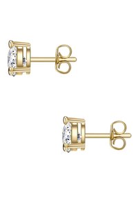 Zeltaini auskari ar caurspīdīgu, apaļu akmeni, kas iestrādāts eleganti ģeometriskā ietvarā ar uzspiežamu aizdari.