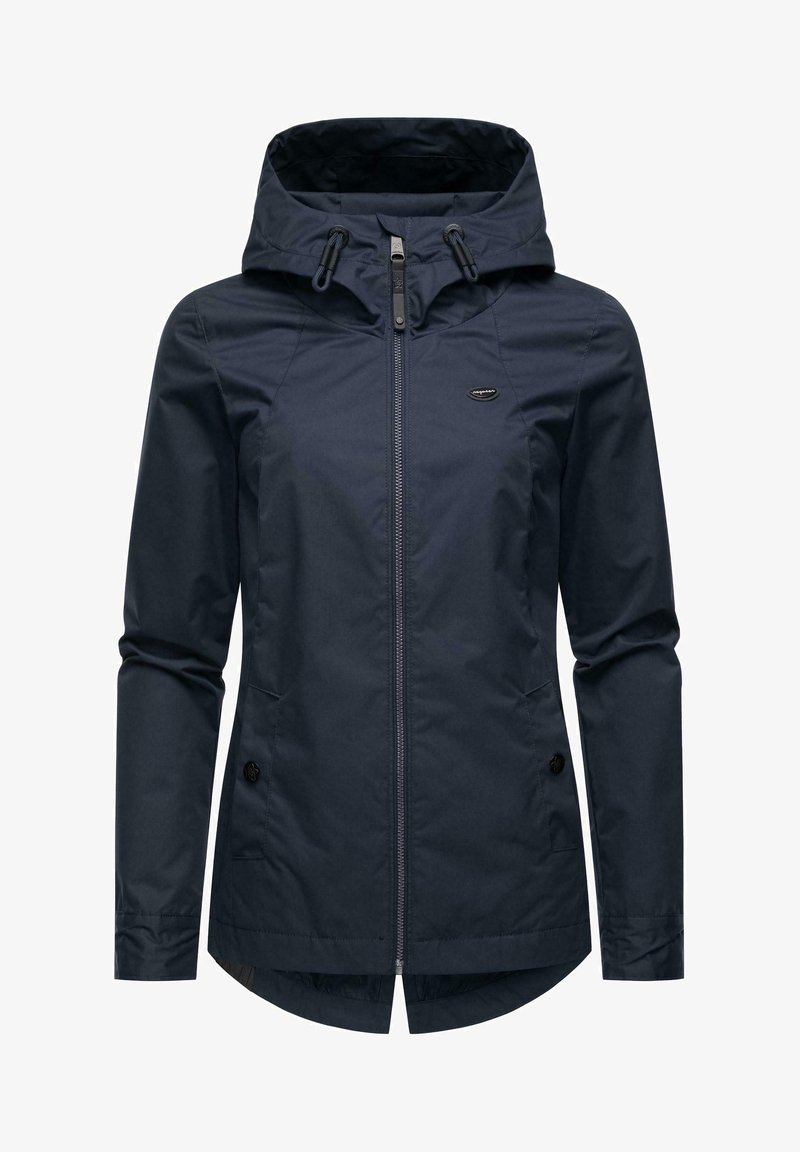 Mornarska vodootporna jakna s kapuljačom, podesivim šnalama, prednjim zatvaračem, dugim rukavima, bočnim džepovima i blago teksturiranom tkaninom.