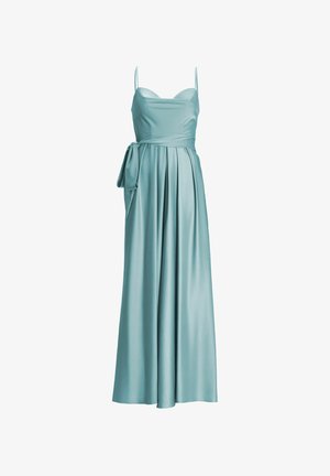 Himmelblaues Satin-Maxikleid mit dünnen Trägern, enganliegendem Oberteil, gebundenem Taillendetail, plissiertem Rock und seitlicher Tasche. Glatte Textur im gesamten Kleid.